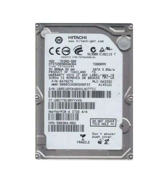 0A78275 - Hitachi Travelstar 7K500 Series 500GB 7200RPM SATA 3Gb/s 16MB Cache 512e 2.5-inch Hard Drive