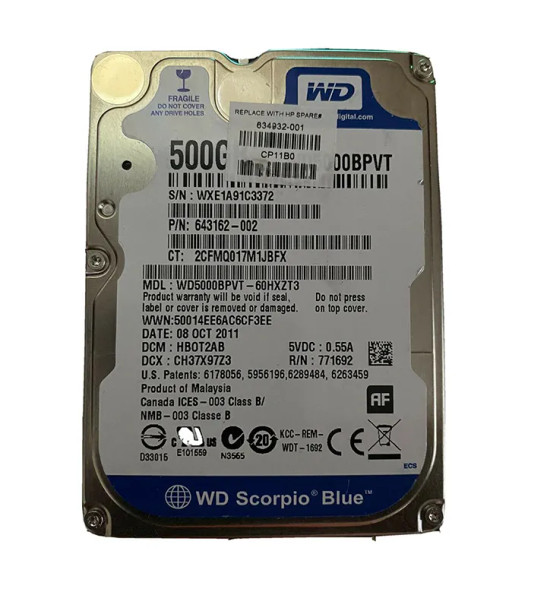 643162-002 - HP 500GB 5400RPM SATA 3Gb/s 8MB Cache 2.5-inch Hard Drive