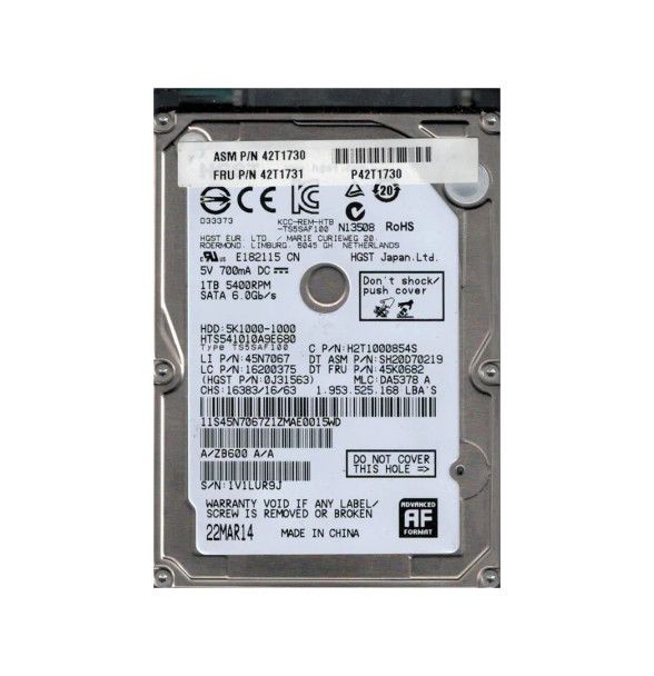 42T1731 - Lenovo 1TB 5400RPM SATA 3Gb/s 8MB Cache 2.5-inch Hard Drive