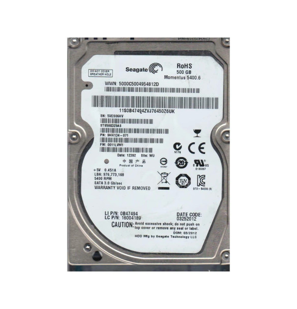9HH134-071 - Seagate Momentus 5400.6 500GB 5400RPM SATA 3Gb/s 8MB Cache 2.5-inch Hard Drive
