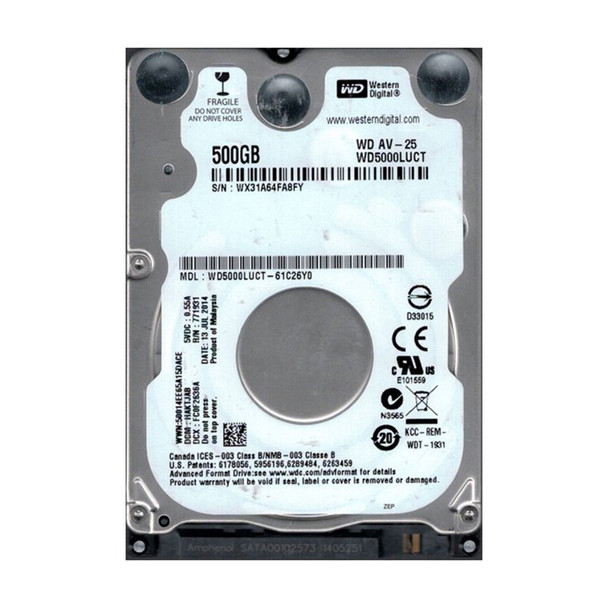 WD5000LUCT-61C26Y0 - Western Digital AV-25 500GB 5400RPM SATA 3Gb/s 16MB Cache (RoHS) 2.5-inch Hard Drive