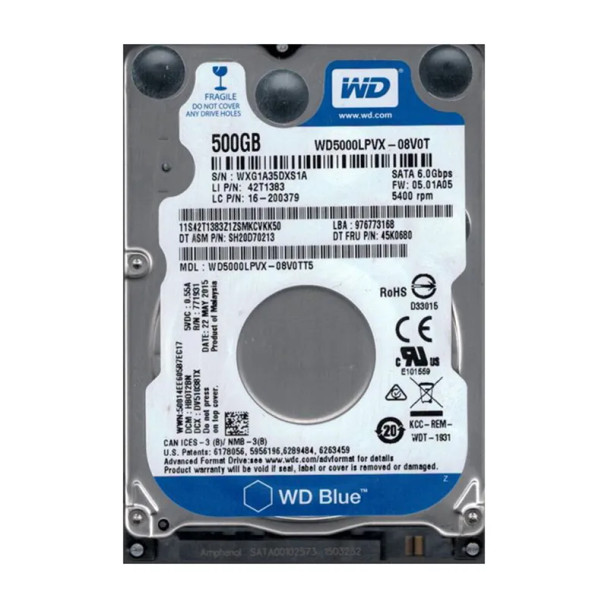 WD5000LPVX-08V0TT5 - Western Digital Blue 500GB 5400RPM SATA 6Gb/s 8MB Cache 2.5-inch Hard Drive