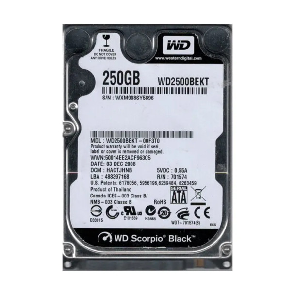 WD2500BEKT-00F3T0 - Western Digital Scorpio Black 250GB 7200RPM SATA 3Gb/s 16MB Cache (RoHS) 2.5-inch Hard Drive