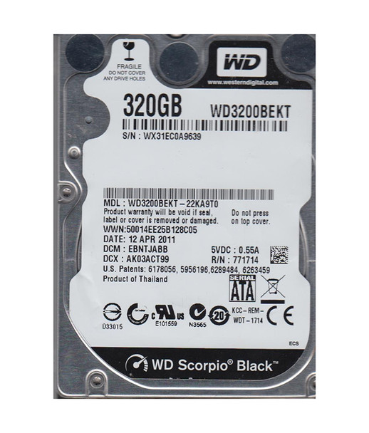WD3200BEKT-22KA9T0 - Western Digital Scorpio Black 320GB 7200RPM SATA 3Gb/s 16MB Cache 2.5-inch Hard Drive