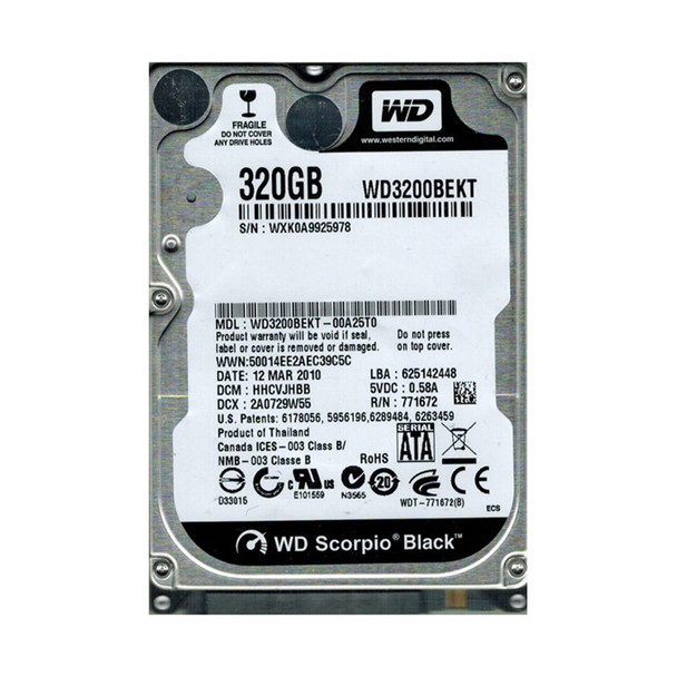 WD3200BEKT-00A25T0 - Western Digital Scorpio Black 320GB 7200RPM SATA 3Gb/s 16MB Cache 2.5-inch Hard Drive