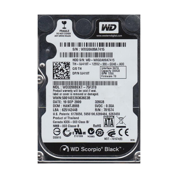 WD3200BEKT-75F3T0 - Western Digital Scorpio Black 320GB 7200RPM SATA 3Gb/s 16MB Cache 2.5-inch Hard Drive