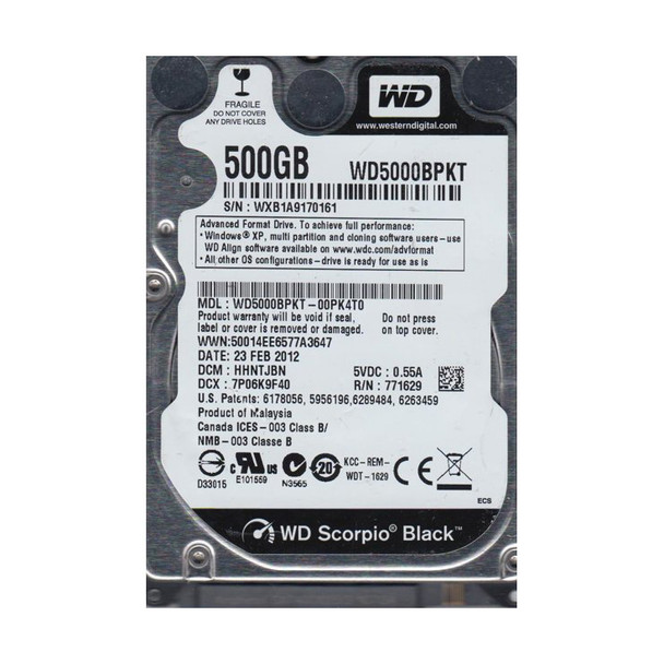 WD5000BPKT-00PK4T0 - Western Digital Scorpio Black 500GB 7200RPM SATA 3Gb/s 16MB Cache 2.5-inch Hard Drive