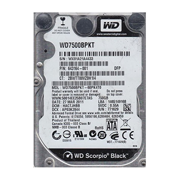 WD7500BPKT-60PK4T0 - Western Digital Scorpio Black 750GB 7200RPM SATA 3Gb/s 16MB Cache 2.5-inch Hard Drive