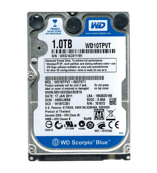 WD10TPVT-00HT5T1 - Western Digital Scorpio Blue 1TB SATA 3Gb/s 5200RPM 8MB Cache 2.5-inch Hard Drive