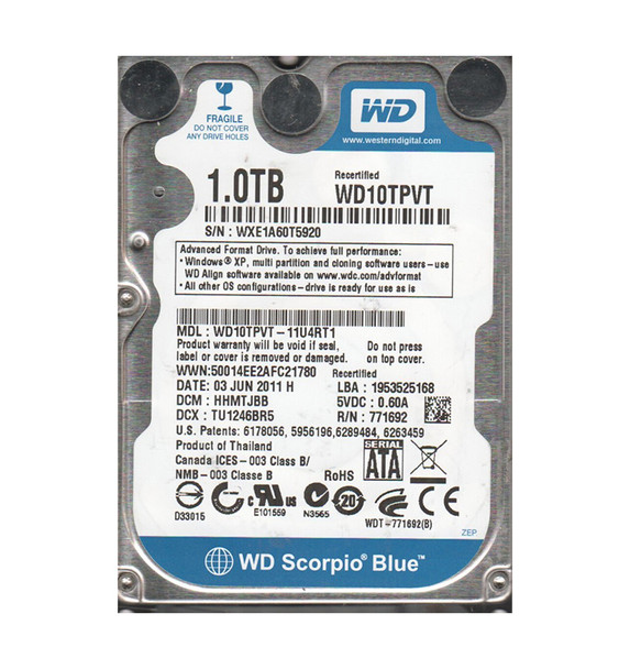 WD10TPVT-11U4RT1 - Western Digital Scorpio Blue 1TB SATA 3Gb/s 5200RPM 8MB Cache 2.5-inch Hard Drive
