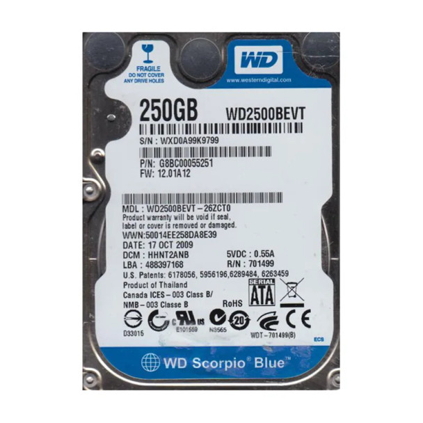 G8BC00055251 - Western Digital Scorpio Blue 250GB 5400RPM SATA 3Gb/s 8MB Cache 2.5-inch Hard Drive