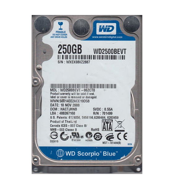 WD2500BEVT-00ZCT0 - Western Digital Scorpio Blue 250GB 5400RPM SATA 3Gb/s 8MB Cache 2.5-inch Hard Drive