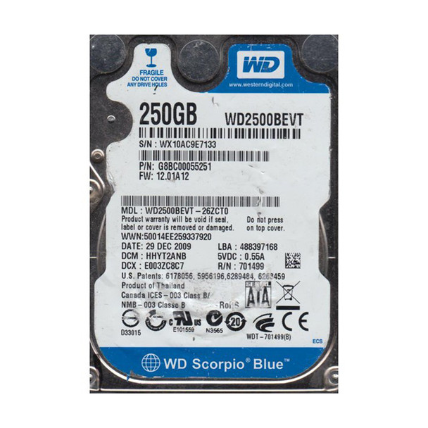 WD2500BEVT-26ZCT0 - Western Digital Scorpio Blue 250GB 5400RPM SATA 3Gb/s 8MB Cache 2.5-inch Hard Drive
