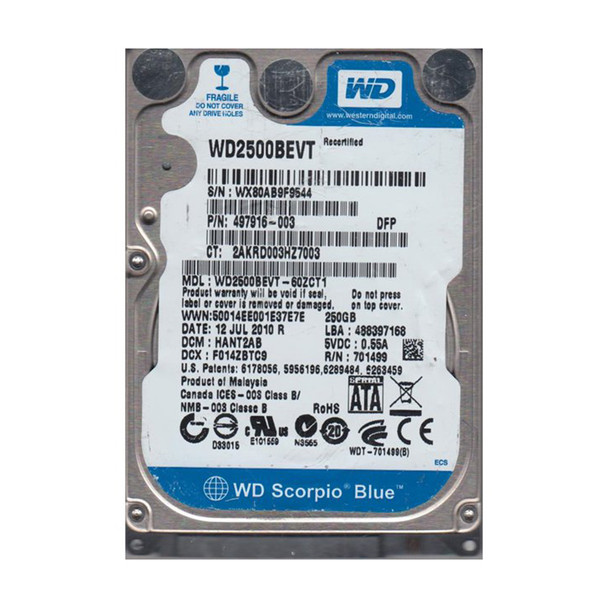 WD2500BEVT-60ZCT1 - Western Digital Scorpio Blue 250GB 5400RPM SATA 3Gb/s 8MB Cache 2.5-inch Hard Drive