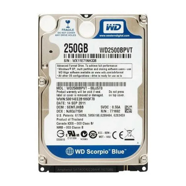 WD2500BPVT-00JJ5T0 - Western Digital Scorpio Blue 250GB 5400RPM SATA 3Gb/s 8MB Cache 2.5-inch Hard Drive