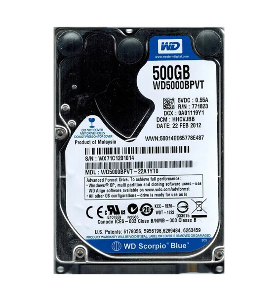 WD5000BPVT-22A1YT0 - Western Digital Scorpio Blue 500GB 5400RPM SATA 3Gb/s 8MB Cache 2.5-inch Hard Drive