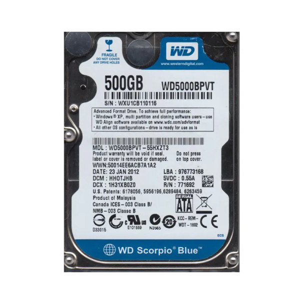 WD5000BPVT-55HXZT3 - Western Digital Scorpio Blue 500GB 5400RPM SATA 3Gb/s 8MB Cache 2.5-inch Hard Drive