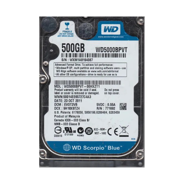 WD5000BPVT-00HXZT1 - Western Digital Scorpio Blue 500GB 5400RPM SATA 3Gb/s 8MB Cache 2.5-inch Hard Drive