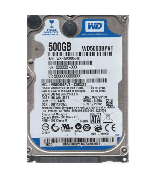 WD5000BPVT-22HXZT1 - Western Digital Scorpio Blue 500GB 5400RPM SATA 3Gb/s 8MB Cache 2.5-inch Hard Drive