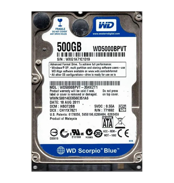 WD5000BPVT-35HXZT1 - Western Digital Scorpio Blue 500GB 5400RPM SATA 3Gb/s 8MB Cache 2.5-inch Hard Drive