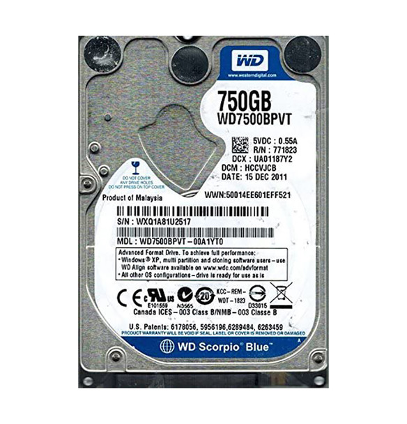 WD7500BPVT-00A1YT0 - Western Digital Scorpio Blue 750GB 5400RPM SATA 3Gb/s 8MB Cache 2.5-inch Hard Drive