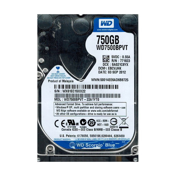 WD7500BPVT-22A1YT0 - Western Digital Scorpio Blue 750GB 5400RPM SATA 3Gb/s 8MB Cache 2.5-inch Hard Drive