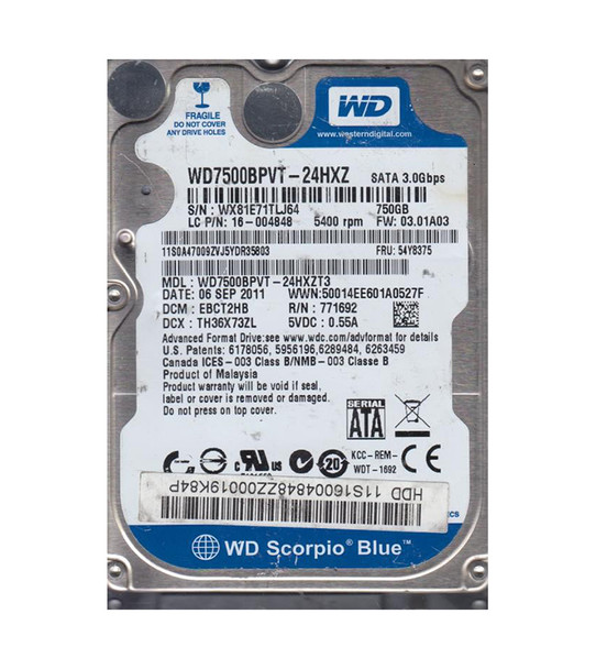 WD7500BPVT-24HXZT3 - Western Digital Scorpio Blue 750GB 5400RPM SATA 3Gb/s 8MB Cache 2.5-inch Hard Drive