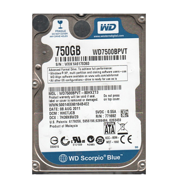 WD7500BPVT-80HXZT3 - Western Digital Scorpio Blue 750GB 5400RPM SATA 3Gb/s 8MB Cache 2.5-inch Hard Drive