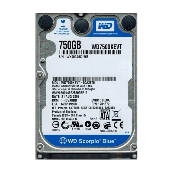 WD7500KEVT - Western Digital Scorpio Blue 750GB SATA 3Gb/s 5200RPM 8MB Cache 2.5-inch Hard Drive