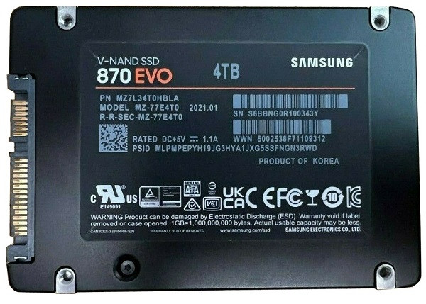 MZ-77E4T0 - Samsung 870 EVO 4TB SATA 6Gb/s 3D V-NAND MLC (AES-256 / TCG / Opal v2.0) 2.5-inch Solid State Drive
