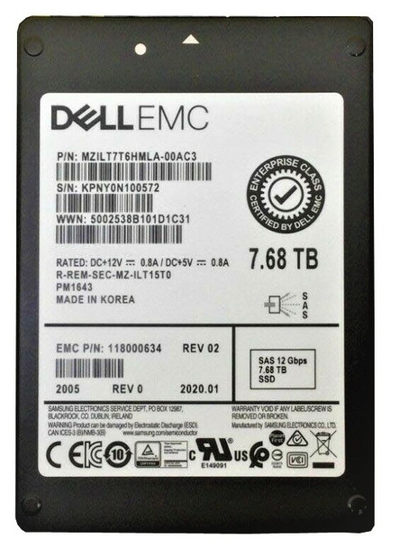 MZILT7T6HMLA-00AC3 - Samsung PM1643A 7.68TB SAS 12Gb/s Triple-Level Cell 512 2.5-In Solid State Drive Emc Oem