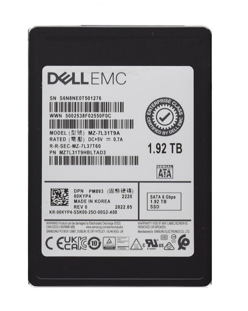 MZ-7L31T9A - Samsung PM893 Series 1.92TB SATA 6Gb/s Triple-Level Cell 512 2.5-inch Solid State Drive Dell Oem