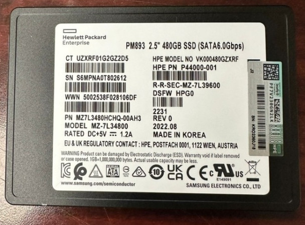 MZ7L3480HCHQ-00AH3 - Samsung PM893 Series 480GB SATA 6Gb/s Triple-Level Cell 512 2.5-inch Solid State Drive Hpe Oem