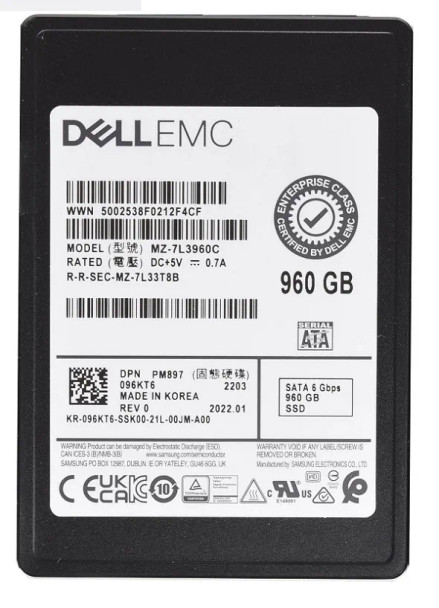 MZ7L3960HBLT-00AD3 - Samsung PM897 Series 960GB SATA 6Gb/s Multi-Level Cell V-NAND 512 2.5-inch Solid State Drive Dell Oem