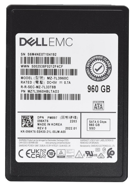 MZ-7L3960C - Samsung PM897 Series 960GB SATA 6Gb/s Multi-Level Cell V-NAND 512 2.5-inch Solid State Drive Dell Oem 6 to 10 Days Lead Time