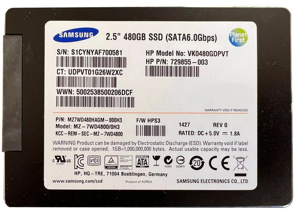 MZ7WD480HAGM-000H3 - Samsung SM843T Data Center 480GB SATA 6Gb/s High Write Endurance MLC (AES 256-Bit / PLP) 2.5-inch Solid State Drive