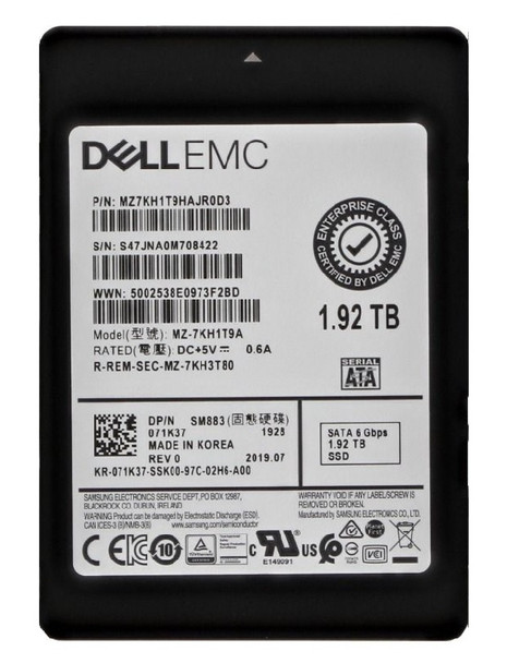 MZ-7KH1T9A - Samsung SM883 Series 1.92TB SATA 6Gb/s Multi-Level Cell Mixed Use 2.5-inch Enterprise Solid State Drive Dell Oem