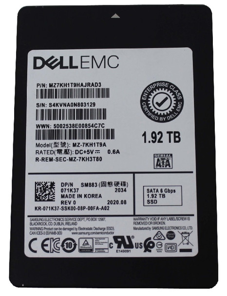 MZ7KH1T9HAJRAD3 - Samsung SM883 Series 1.92TB SATA 6Gb/s Multi-Level Cell Mixed Use 2.5-inch Enterprise Solid State Drive Dell Oem