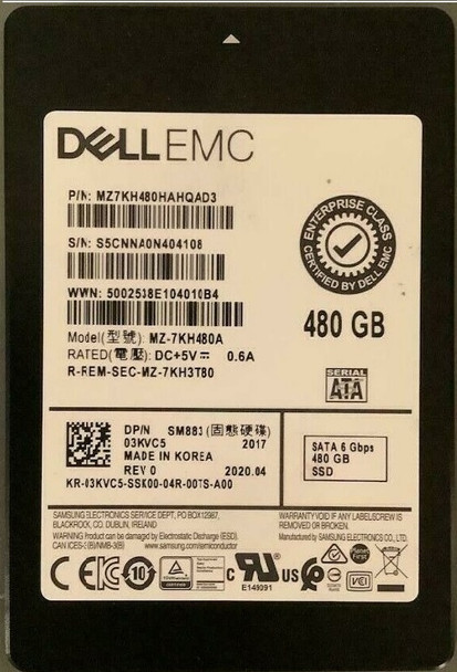 MZ7KH480HAHQAD3 - Samsung SM883 Series 480GB SATA 6Gb/s Multi-Level Cell Mixed Use 2.5-inch Enterprise Solid State Drive Dell Oem