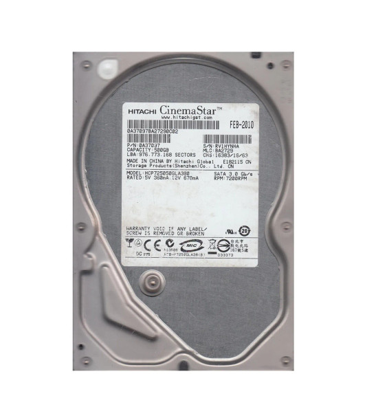 HCP725050GLA380 - Hitachi CinemaStar P7K500 Series 500GB 7200RPM SATA 3Gb/s 8MB Cache 3.5-inch Hard Drive