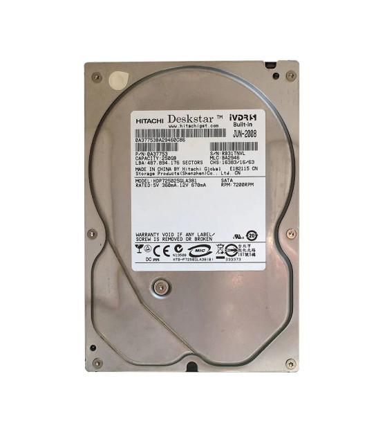 HDP725025GLA381 - Hitachi Deskstar 250GB 7200RPM SATA 3Gb/s 8MB Cache 3.5-inch Hard Drive