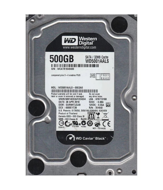 WD5001AALS-00E3A0 - Western Digital Caviar Black 500GB 7200RPM SATA 3Gb/s 7-Pin 32MB Cache (RoHS) 3.5-inch Hard Drive