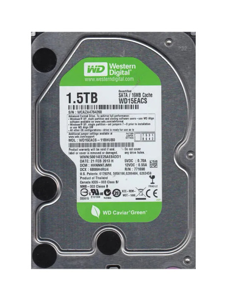 WD15EACS - Western Digital Caviar Green 1.5TB 7200RPM SATA 3Gb/s 16MB Cache 3.5-inch Hard Drive