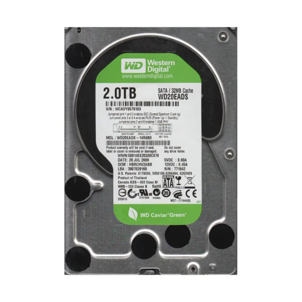 WD20EADS-14R6B0 - Western Digital Caviar Green 2TB 5400RPM SATA 3Gb/s 32MB Cache 3.5-inch Hard Drive