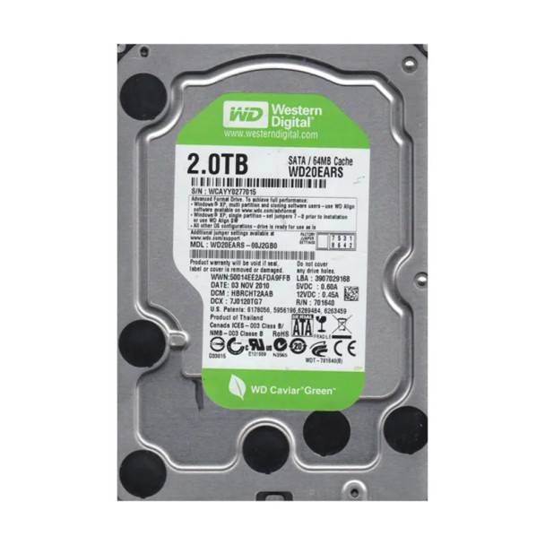 WD20EARS-00J2GB0 - Western Digital Caviar Green 2TB 5400RPM SATA 3Gb/s 64MB Cache (RoHS) 3.5-inch Hard Drive