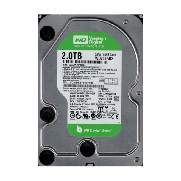WD20EARS-07MVWB0 - Western Digital Caviar Green 2TB 5400RPM SATA 3Gb/s 64MB Cache (RoHS) 3.5-inch Hard Drive