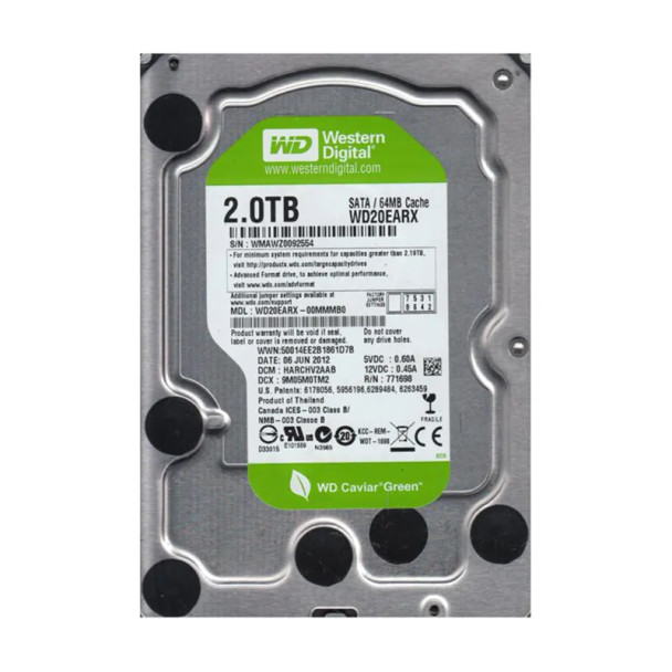 WD20EARX-00MMMB0 - Western Digital Caviar Green 2TB 7200RPM SATA 6Gb/s 64MB Cache 3.5-inch Hard Drive