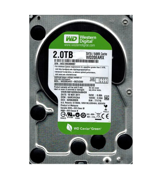 WD20EARX-00ZUDB0 - Western Digital Caviar Green 2TB 7200RPM SATA 6Gb/s 64MB Cache 3.5-inch Hard Drive