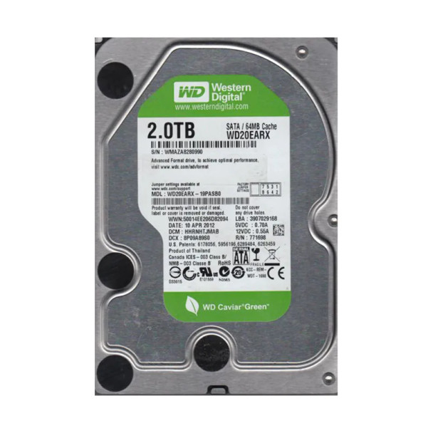 WD20EARX-19PASB0 - Western Digital Caviar Green 2TB 7200RPM SATA 6Gb/s 64MB Cache 3.5-inch Hard Drive