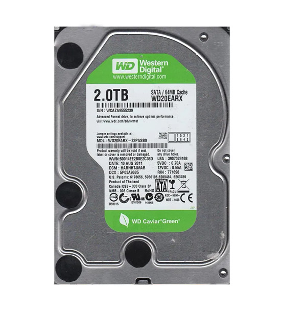 WD20EARX-22PASB0 - Western Digital Caviar Green 2TB 7200RPM SATA 6Gb/s 64MB Cache 3.5-inch Hard Drive